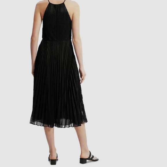 Theory Pleated A-line Midi Dress Black Mesh Lace w Skinny Straps & Front Keyhole - Picture 8 of 14